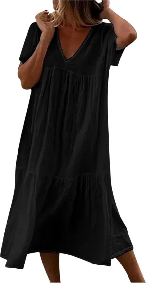 Finelylove Women's Casual Summer Dresses V Ncek Linen Shift Dress Loose Fit Comfy T-Shirt Dress Midi Beach Veacation Sundress