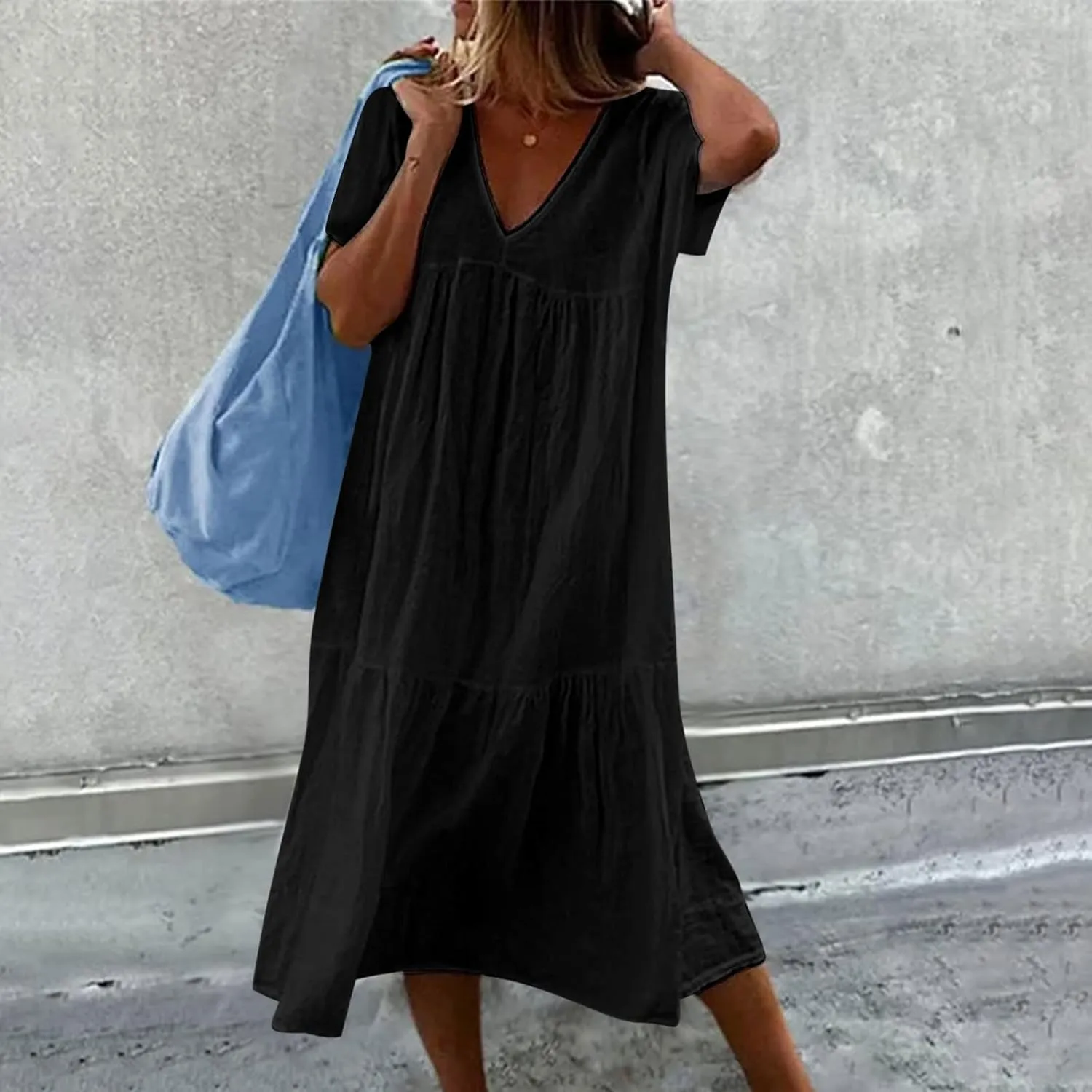 Finelylove Women's Casual Summer Dresses V Ncek Linen Shift Dress Loose Fit Comfy T-Shirt Dress Midi Beach Veacation Sundress
