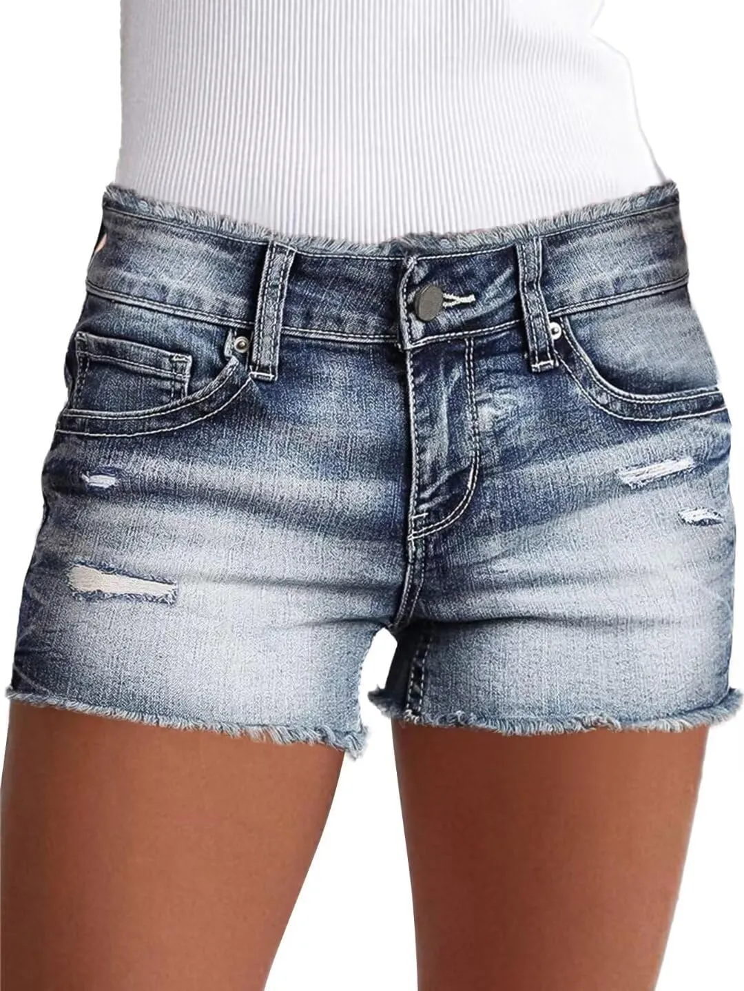 Flamingals Jean Shorts for Women Mid Waisted Stretchy Ripped Denim Shorts Raw Hem Curvy Summer Trendy Shorts