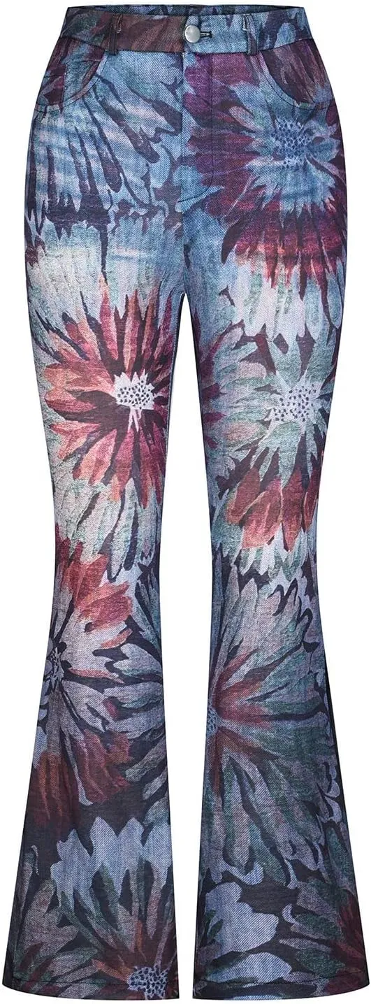 Flare Jeans for Women Fashion Print Bell Bottom Jeans Loose High Waisted Wide Leg Denim Jeans with Pockets