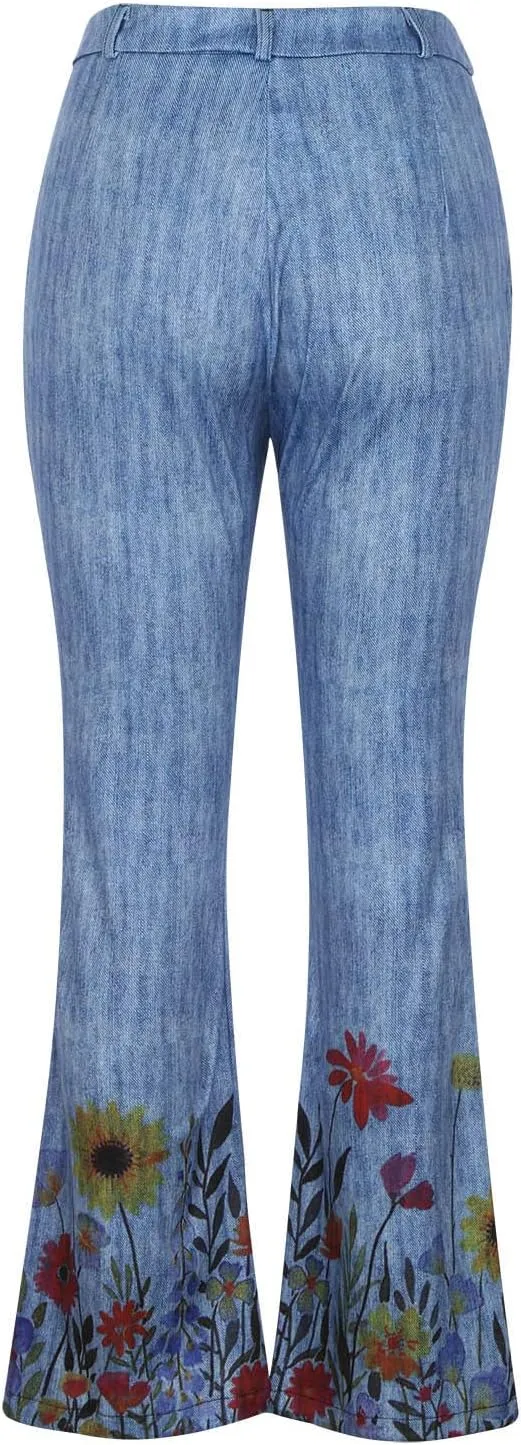 Flare Jeans for Women Fashion Print Bell Bottom Jeans Loose High Waisted Wide Leg Denim Jeans with Pockets
