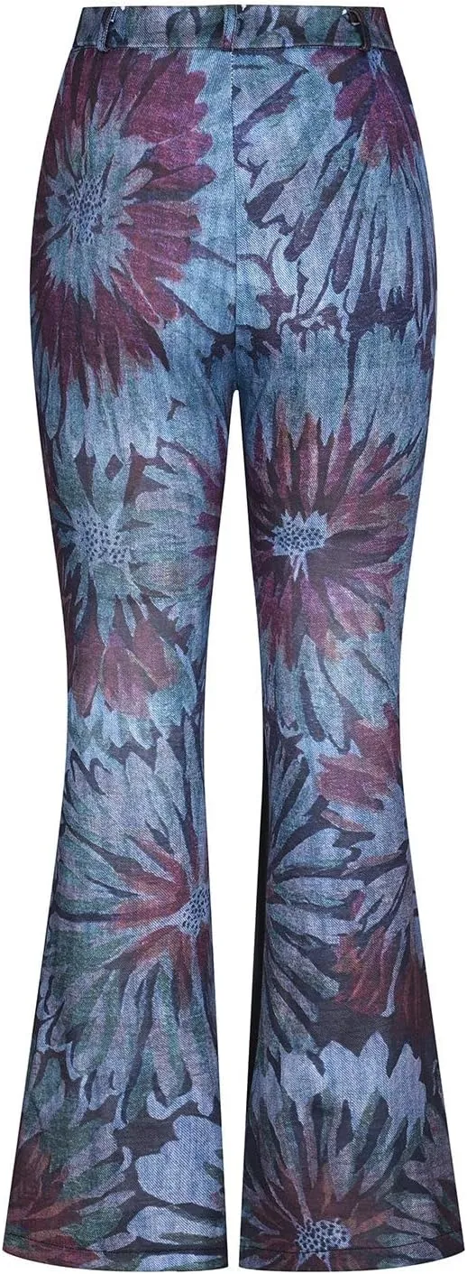 Flare Jeans for Women Fashion Print Bell Bottom Jeans Loose High Waisted Wide Leg Denim Jeans with Pockets