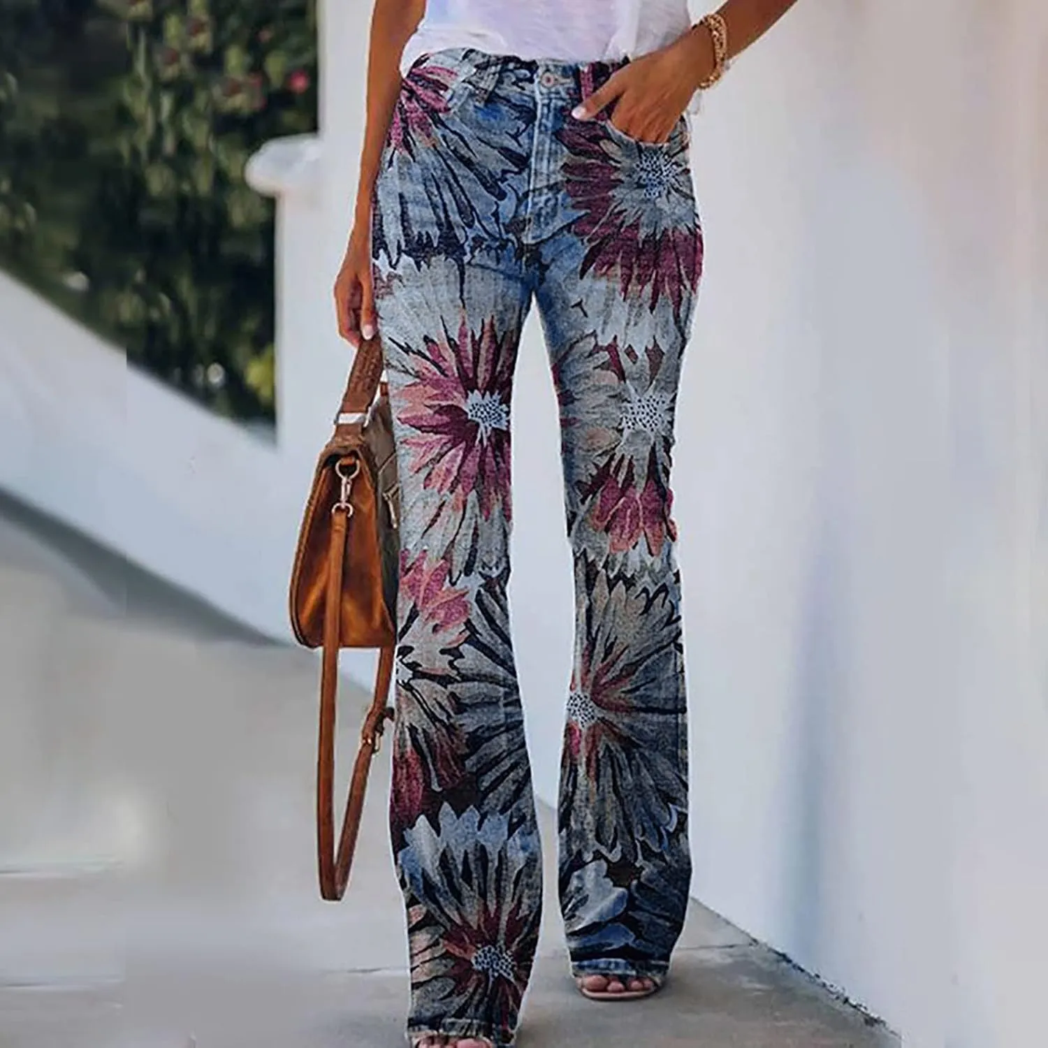 Flare Jeans for Women Fashion Print Bell Bottom Jeans Loose High Waisted Wide Leg Denim Jeans with Pockets