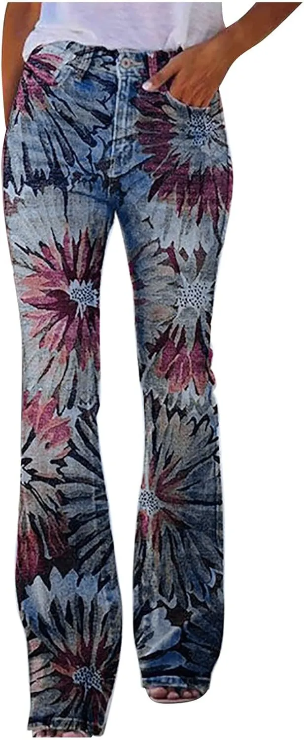 Flare Jeans for Women Fashion Print Bell Bottom Jeans Loose High Waisted Wide Leg Denim Jeans with Pockets