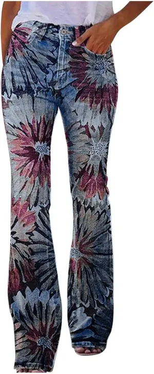 Flare Jeans for Women Fashion Print Bell Bottom Jeans Loose High Waisted Wide Leg Denim Jeans with Pockets