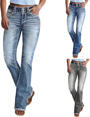 Flare Jeans for Women High Waist Denim Distressed Elastic Pull on Bootcut Button Beach Bell Bottom Jeans with Pockets