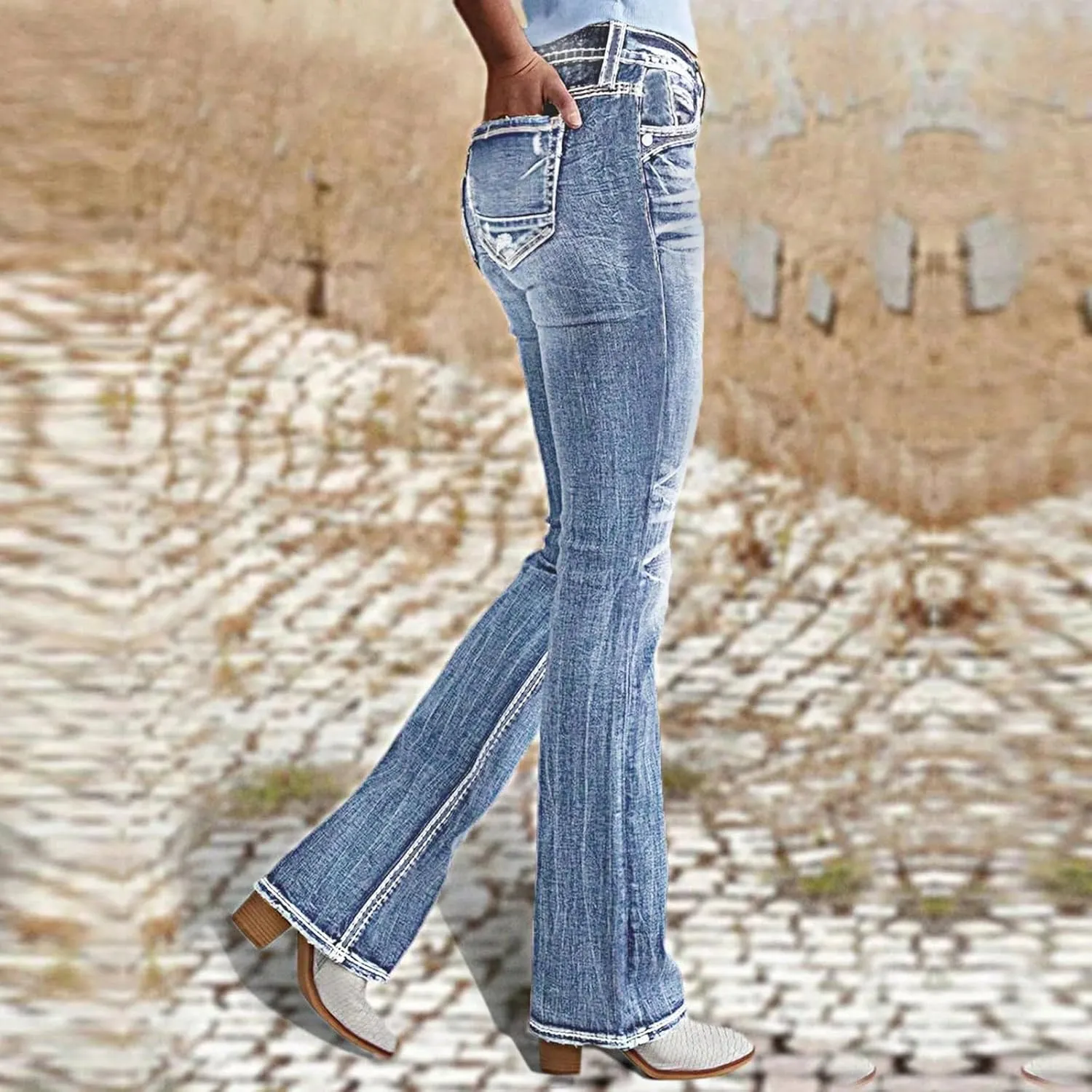 Flare Jeans for Women High Waist Denim Distressed Elastic Pull on Bootcut Button Beach Bell Bottom Jeans with Pockets