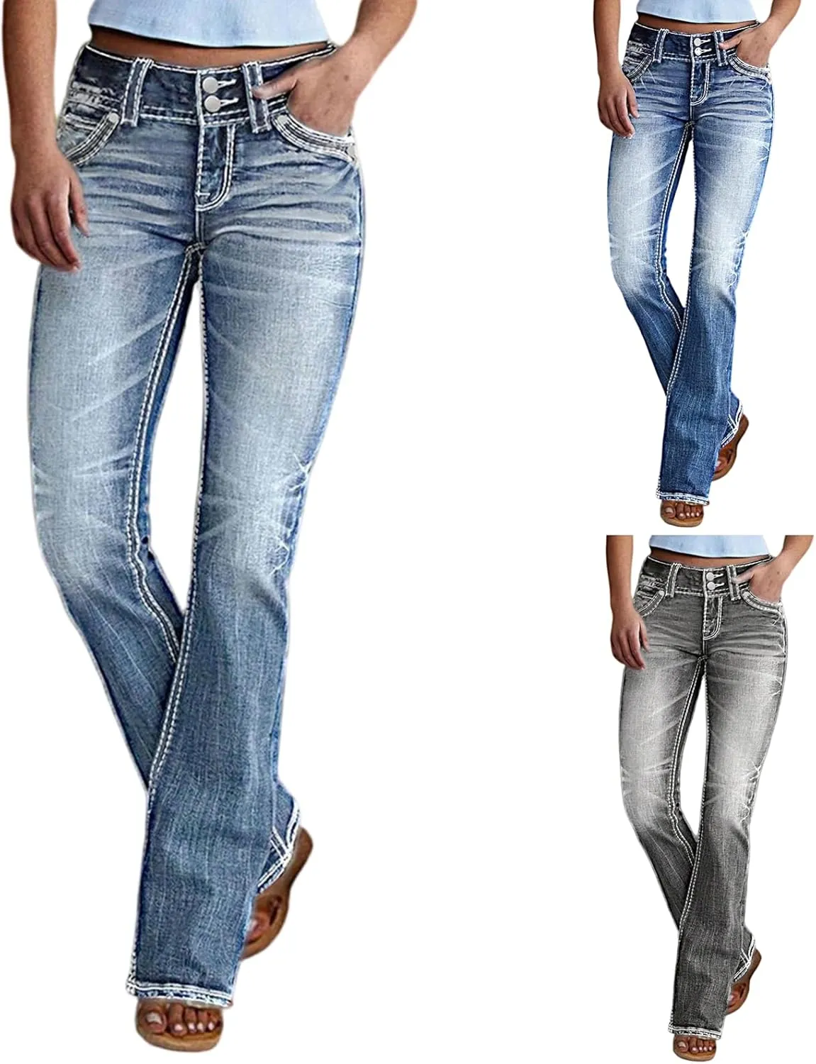 Flare Jeans for Women High Waist Denim Distressed Elastic Pull on Bootcut Button Beach Bell Bottom Jeans with Pockets