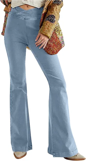 Flare Jeans for Women Solid Color High Waisted Stretch Jeans Trendy Bell Bottom Denim Pant Casual Trousers