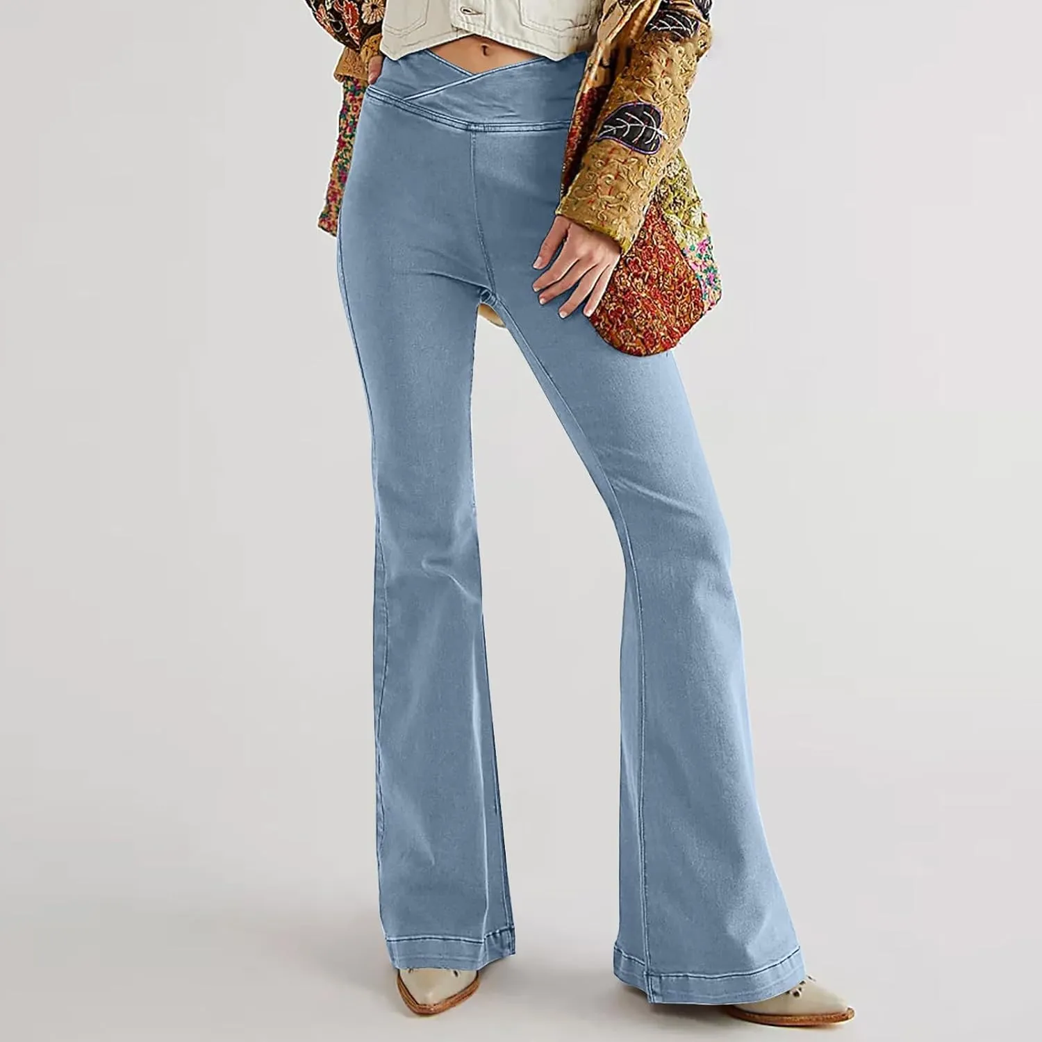 Flare Jeans for Women Solid Color High Waisted Stretch Jeans Trendy Bell Bottom Denim Pant Casual Trousers