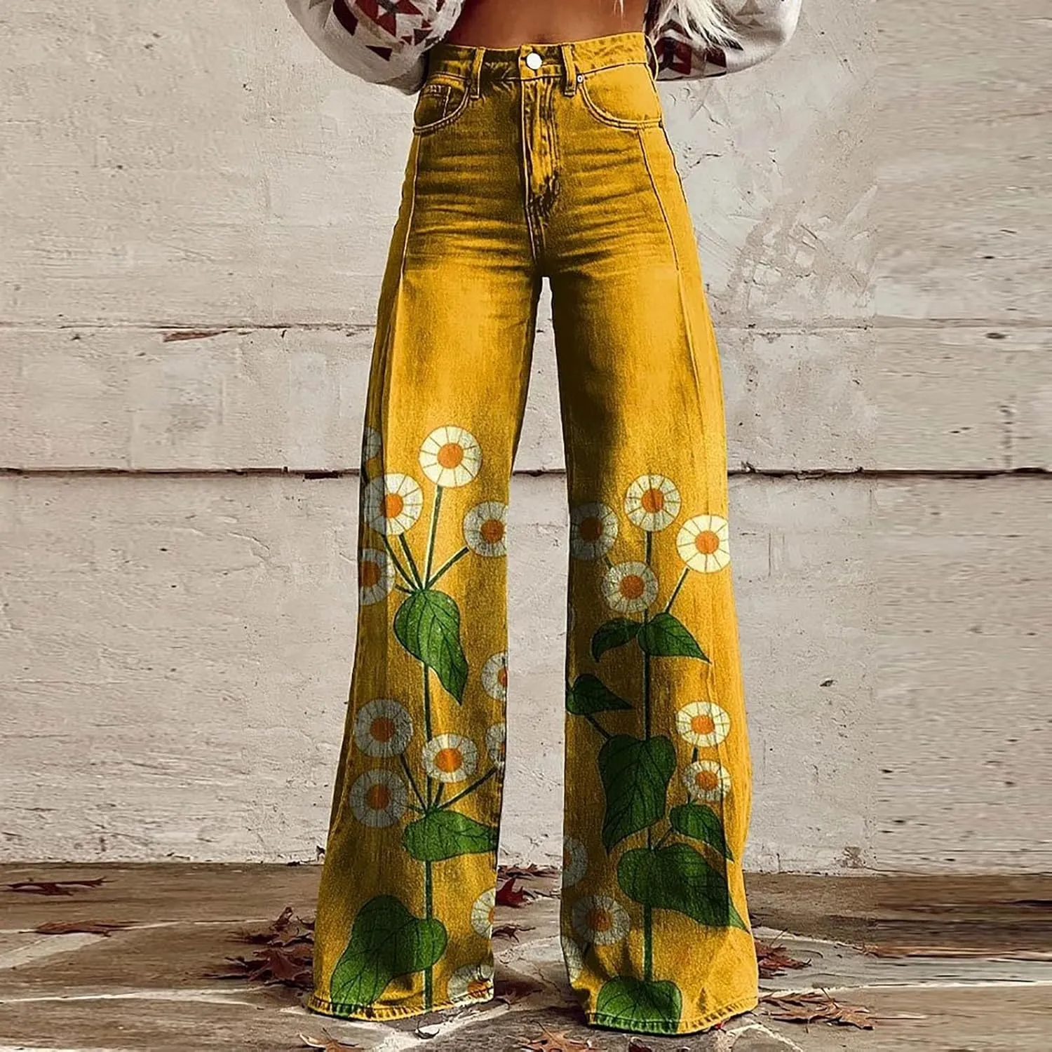 Flare Jeans for Women Wide Leg Jeans 2025 Woman Vintage Floral Print High Waisted Straight Stretch Pants with Pocket