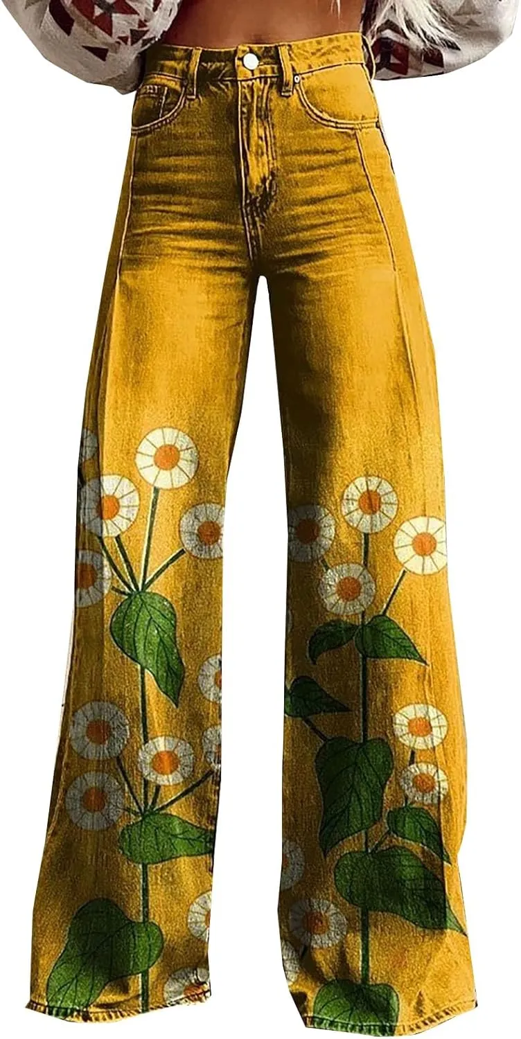 Flare Jeans for Women Wide Leg Jeans 2025 Woman Vintage Floral Print High Waisted Straight Stretch Pants with Pocket