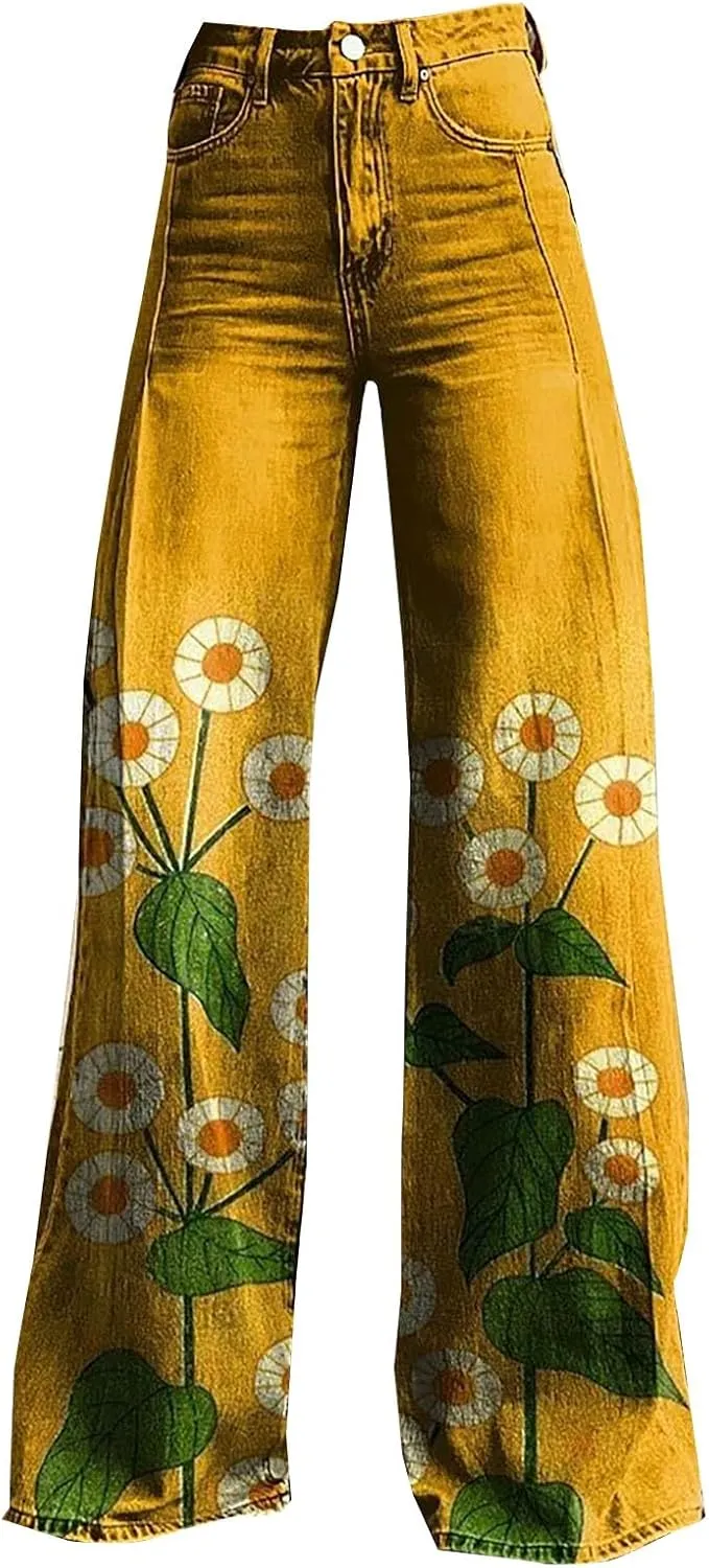 Flare Jeans for Women Wide Leg Jeans 2025 Woman Vintage Floral Print High Waisted Straight Stretch Pants with Pocket