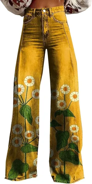 Flare Jeans for Women Wide Leg Jeans 2025 Woman Vintage Floral Print High Waisted Straight Stretch Pants with Pocket
