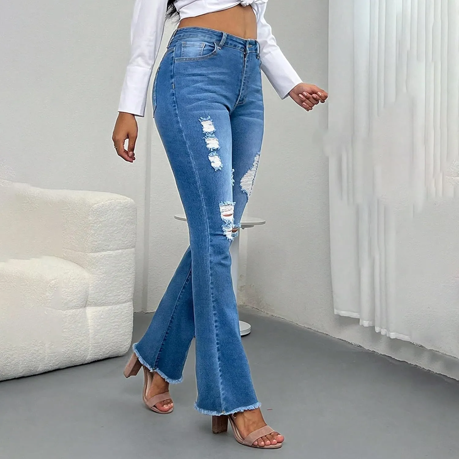 Flare Ripped Jeans Womens Bell Bottoms Distressed Jeans Skinny Bootcut Pants High Waisted Denim Pants with Pockets