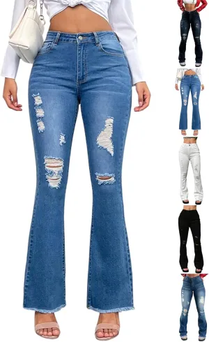 Flare Ripped Jeans Womens Bell Bottoms Distressed Jeans Skinny Bootcut Pants High Waisted Denim Pants with Pockets