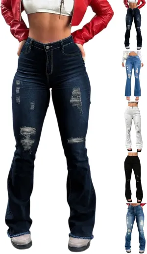 Flare Ripped Jeans Womens Bell Bottoms Distressed Jeans Skinny Bootcut Pants High Waisted Denim Pants with Pockets