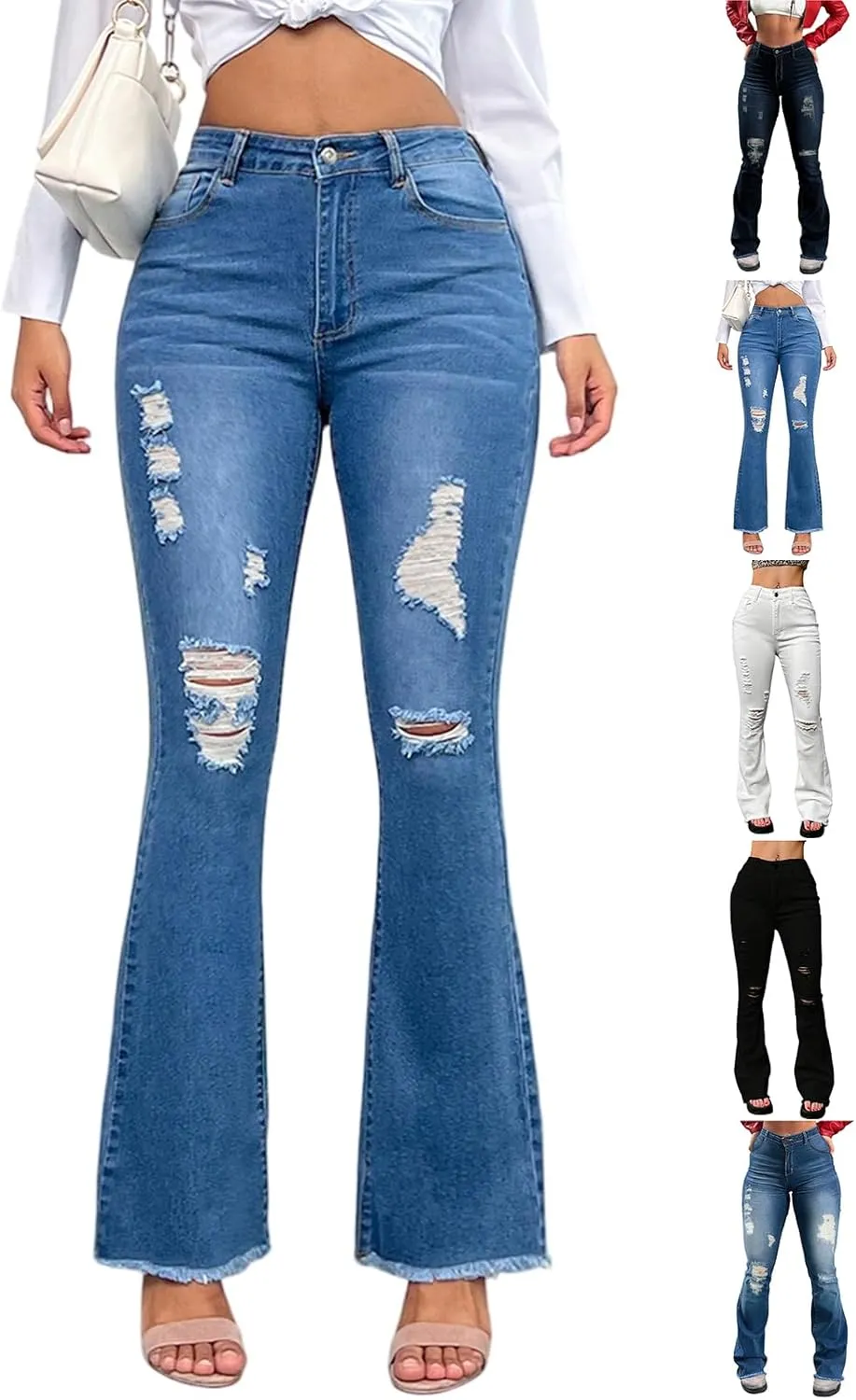 Flare Ripped Jeans Womens Bell Bottoms Distressed Jeans Skinny Bootcut Pants High Waisted Denim Pants with Pockets
