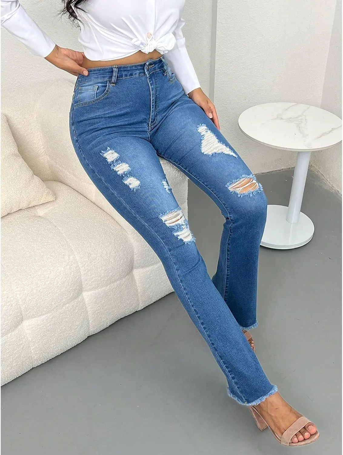 Flare Ripped Jeans Womens Bell Bottoms Distressed Jeans Skinny Bootcut Pants High Waisted Denim Pants with Pockets