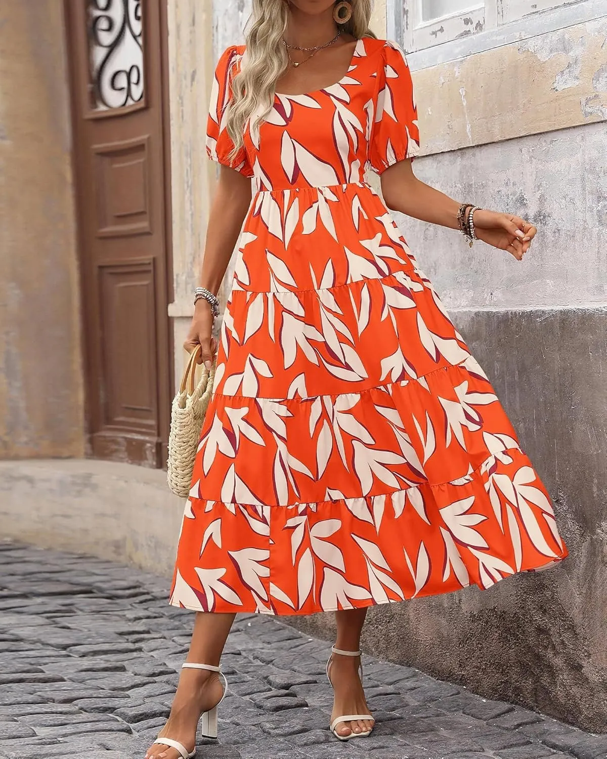 Floral Dress for Women Summer Puff Short Sleeve Square Neck Maxi Dress Casual Ruffle High Waist Dresses 2025