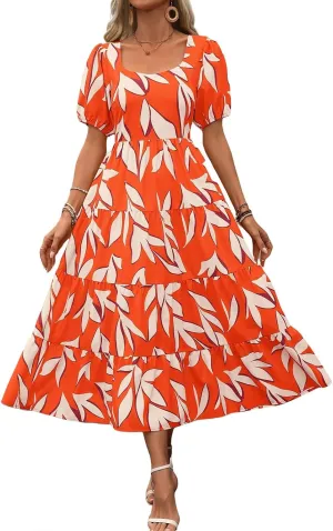 Floral Dress for Women Summer Puff Short Sleeve Square Neck Maxi Dress Casual Ruffle High Waist Dresses 2025