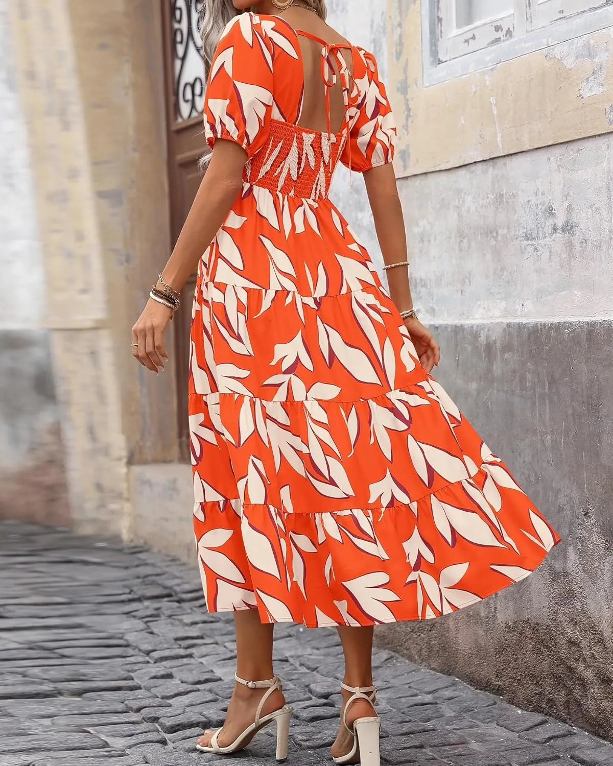 Floral Dress for Women Summer Puff Short Sleeve Square Neck Maxi Dress Casual Ruffle High Waist Dresses 2025