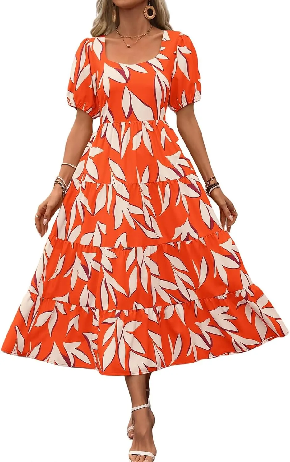Floral Dress for Women Summer Puff Short Sleeve Square Neck Maxi Dress Casual Ruffle High Waist Dresses 2025