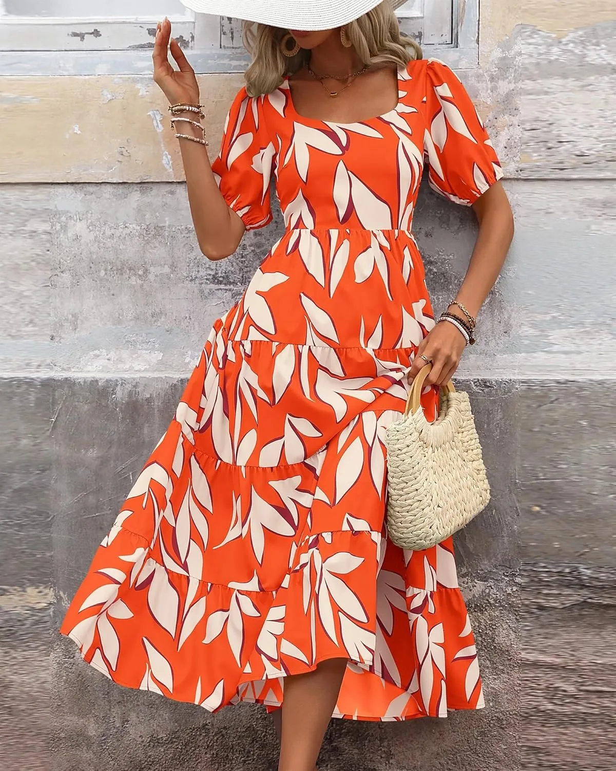 Floral Dress for Women Summer Puff Short Sleeve Square Neck Maxi Dress Casual Ruffle High Waist Dresses 2025