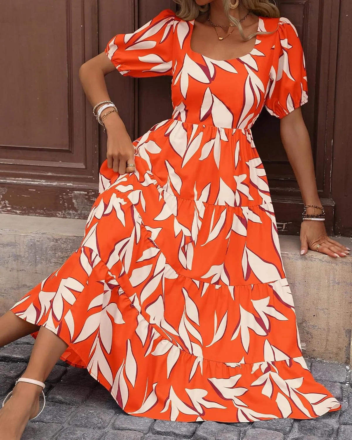 Floral Dress for Women Summer Puff Short Sleeve Square Neck Maxi Dress Casual Ruffle High Waist Dresses 2025