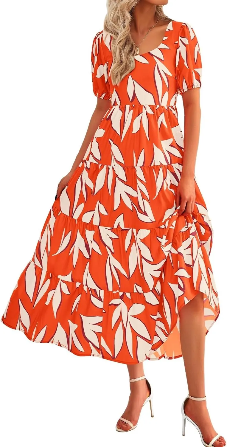 Floral Dress for Women Summer Puff Short Sleeve Square Neck Maxi Dress Casual Ruffle High Waist Dresses 2025