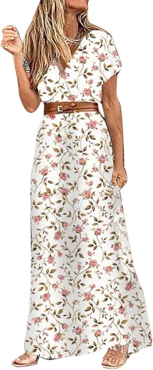 Floral Long Dress Sleeveless Split Hem Drawstring Casual Dress with belt Cold Shoulder Women Pattern Print Slim Shift Dress White