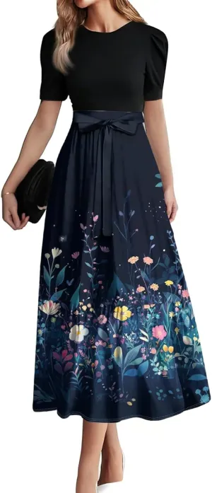 Floral Wedding Guest Dresses for Women- Y2k Tie Puff Short Sleeve Maxi Dress Flowy Patchwork Ruffle Hem Modest Dresses
