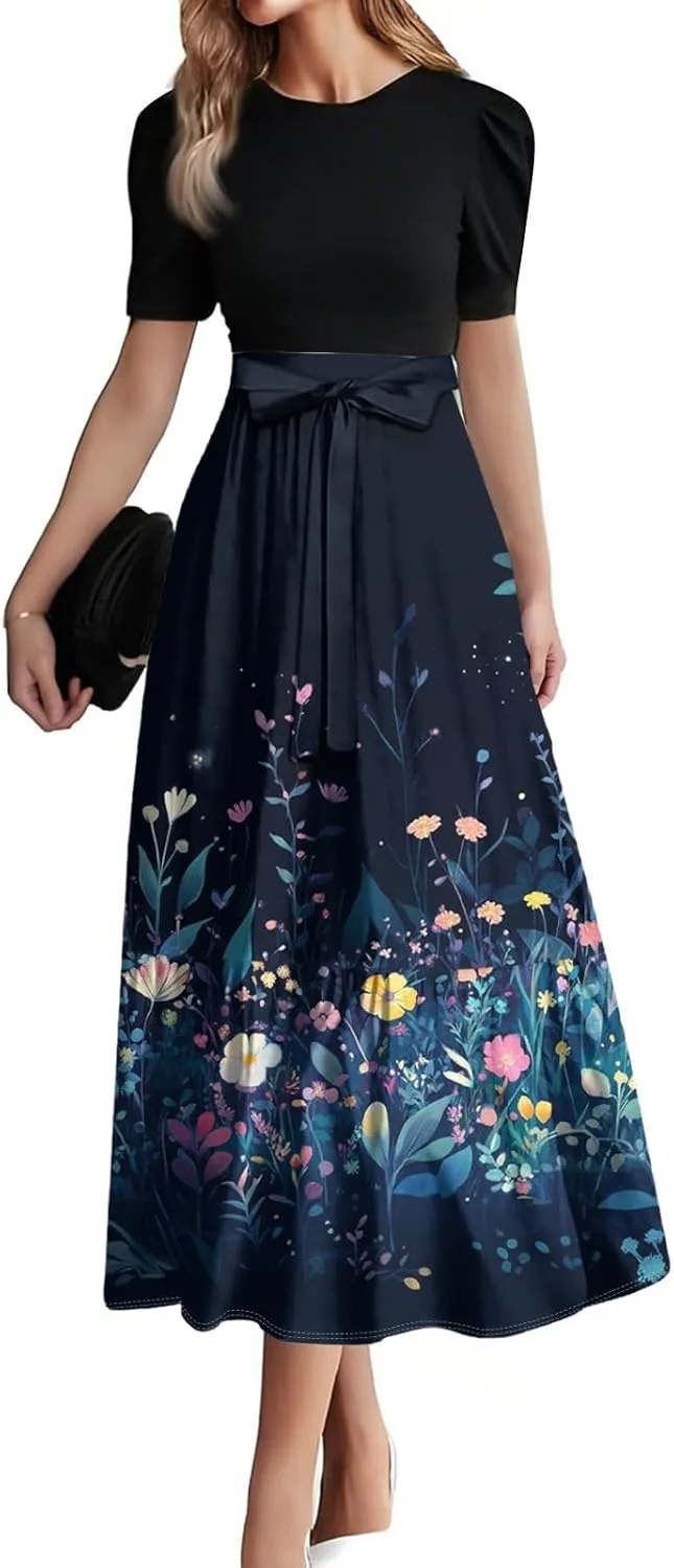 Floral Wedding Guest Dresses for Women- Y2k Tie Puff Short Sleeve Maxi Dress Flowy Patchwork Ruffle Hem Modest Dresses