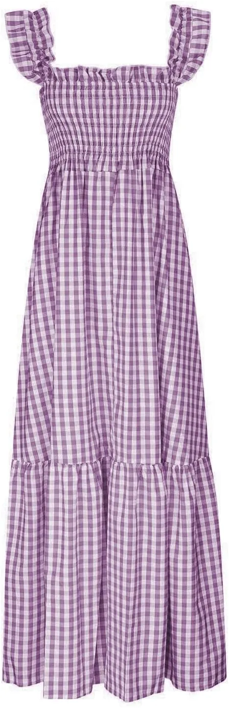 Flowy Dresses for Women Spring Summer Casual Plaid Dresses Smocked Spaghetti Strap Long Dress Vacation Maxi Dress