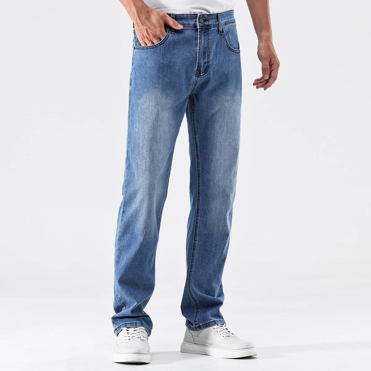 GAIAKOU Men's Baggy Slim Fit Stretch Work Jeans - Straight Loose Blue Elastic