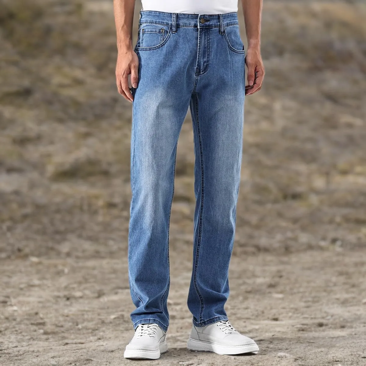 GAIAKOU Men's Baggy Slim Fit Stretch Work Jeans - Straight Loose Blue Elastic