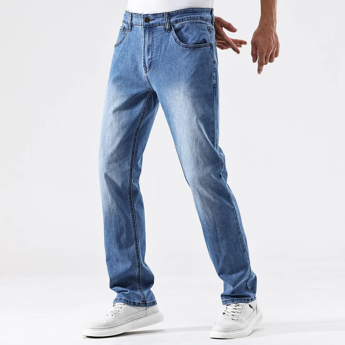 GAIAKOU Men's Baggy Slim Fit Stretch Work Jeans - Straight Loose Blue Elastic