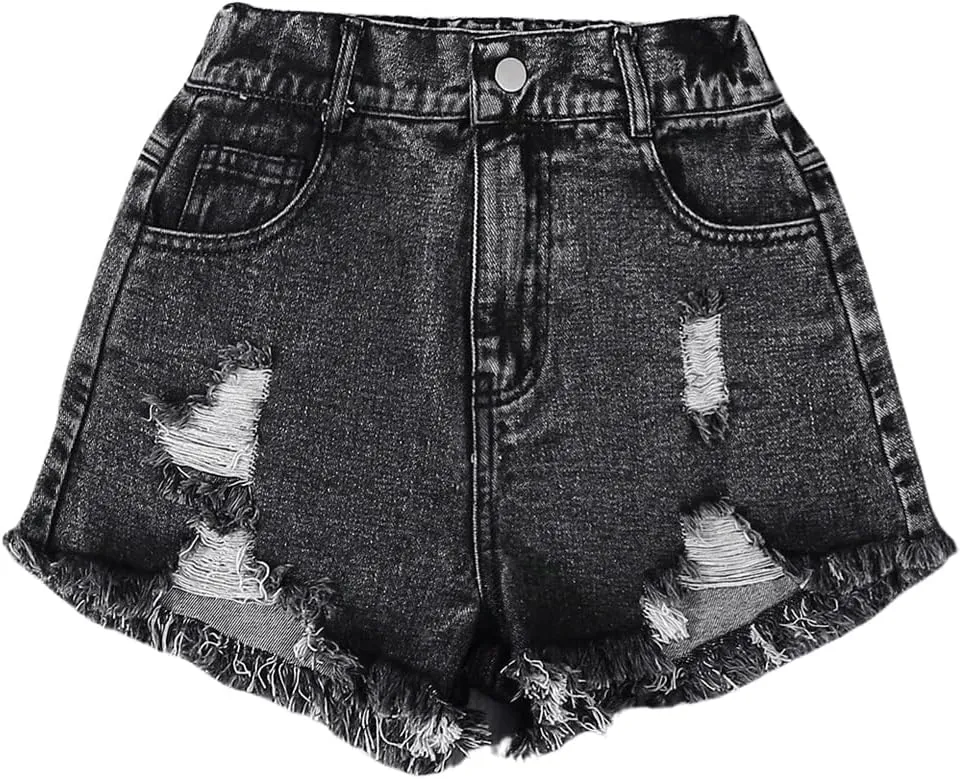 GORGLITTER Girl's Ripped Jean Shorts Distressed Frayed Raw Denim Shorts with Pocket