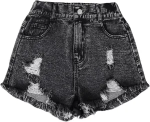 GORGLITTER Girl's Ripped Jean Shorts Distressed Frayed Raw Denim Shorts with Pocket