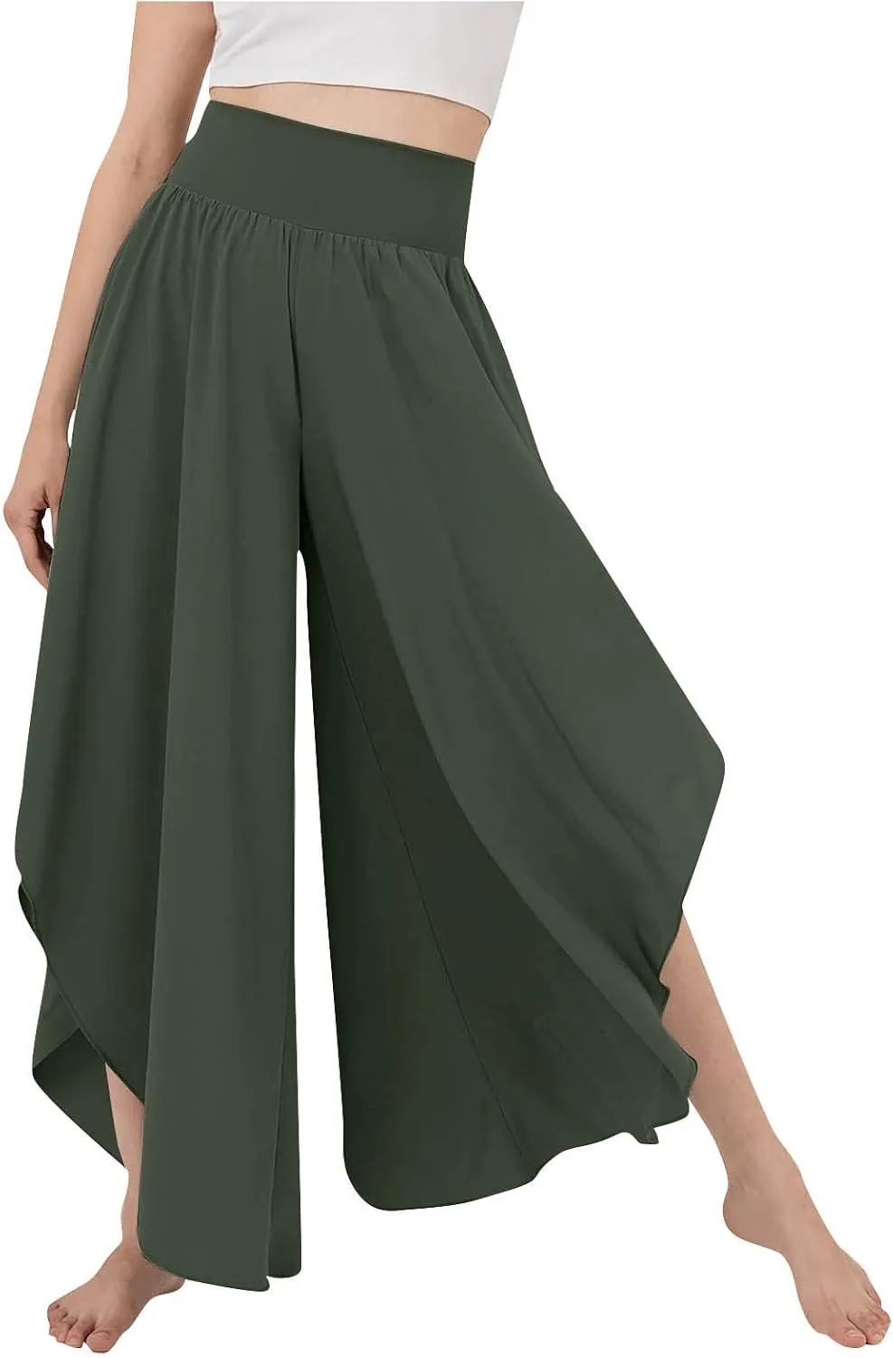Gumipy Women Flowy Ruffle Wide Leg Pants High Waisted Elastic Waistband Palazzo Pants Flare Yoga Pants Soft Pilates Pants