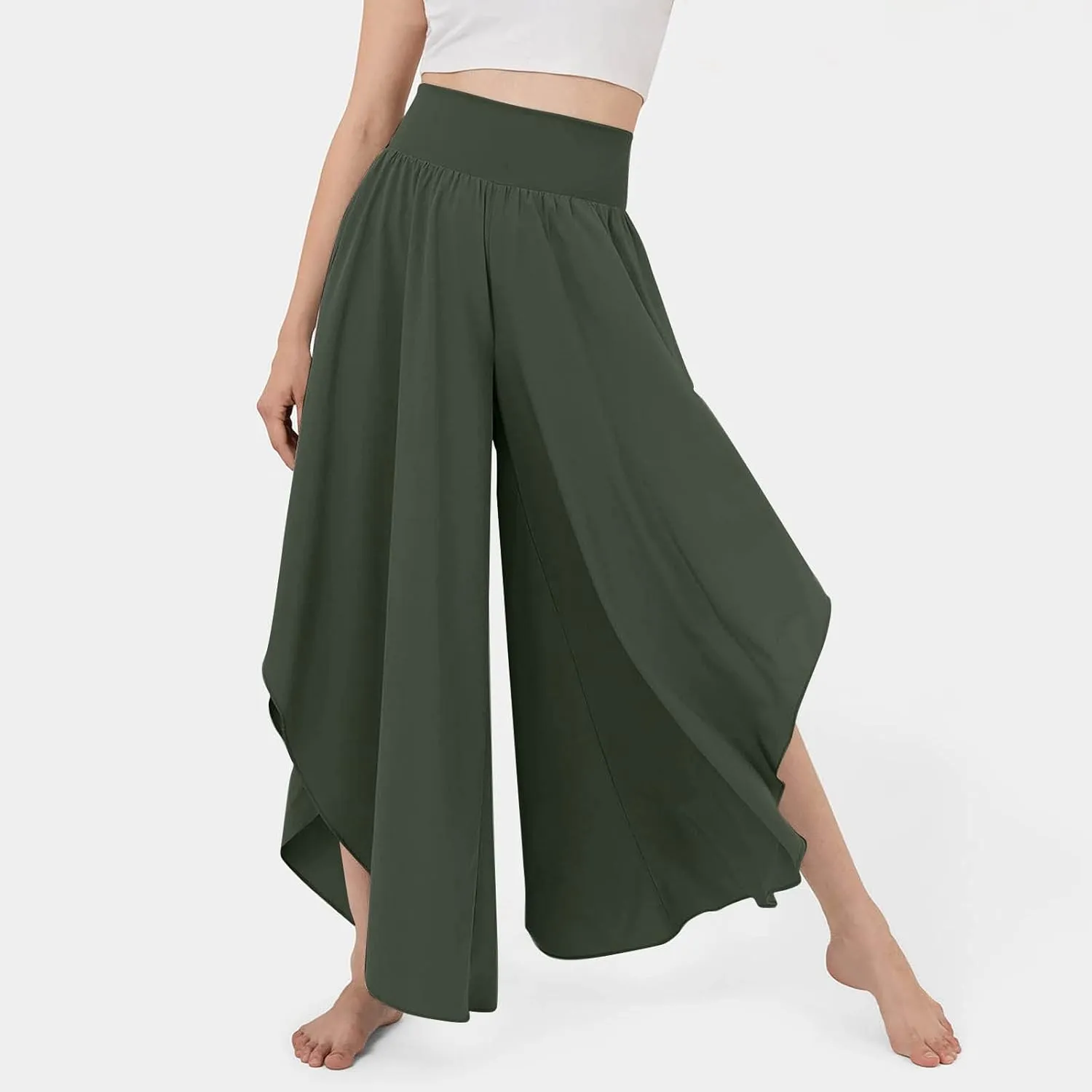 Gumipy Women Flowy Ruffle Wide Leg Pants High Waisted Elastic Waistband Palazzo Pants Flare Yoga Pants Soft Pilates Pants