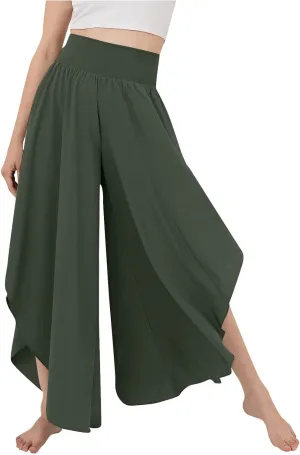 Gumipy Women Flowy Ruffle Wide Leg Pants High Waisted Elastic Waistband Palazzo Pants Flare Yoga Pants Soft Pilates Pants