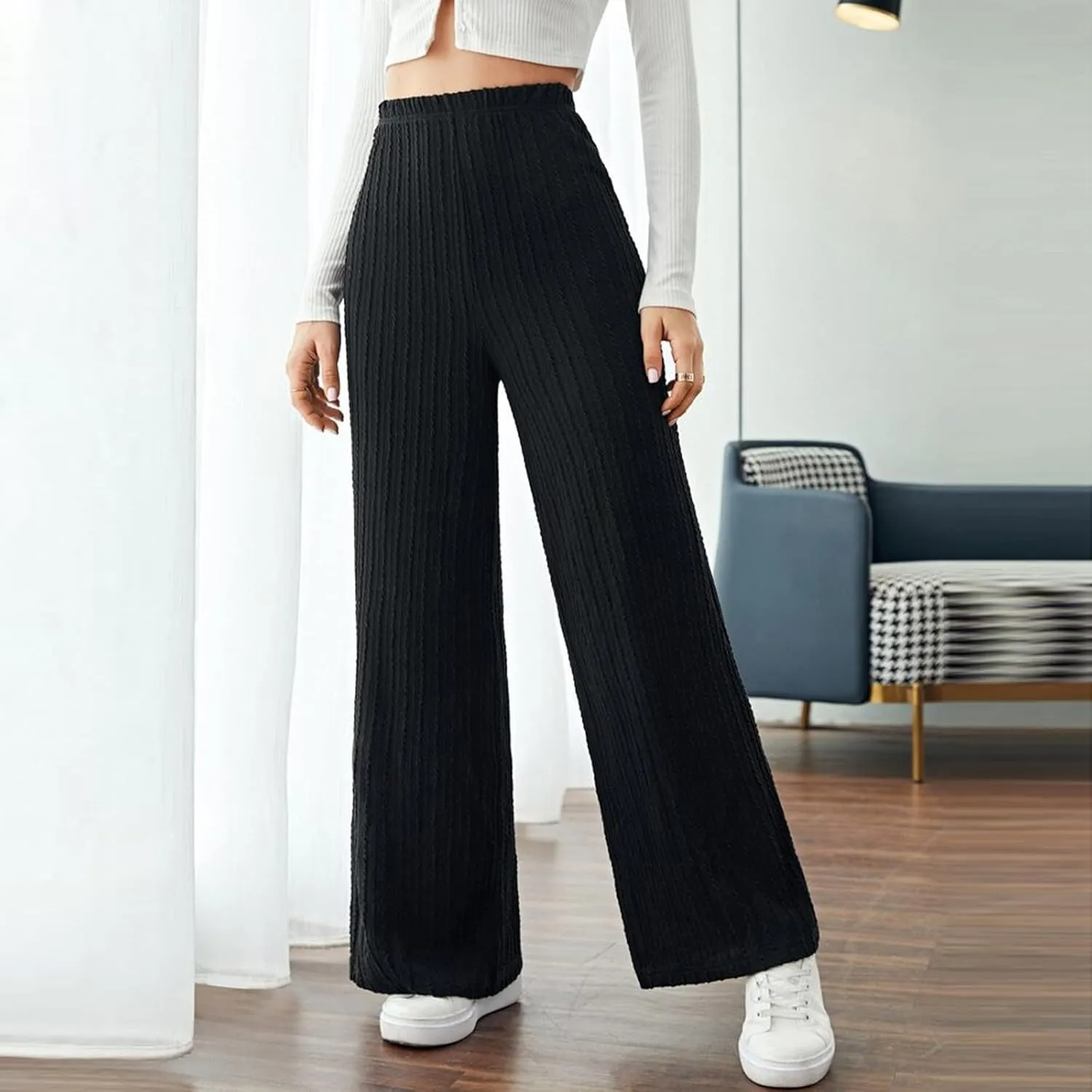Gumipy Womens Ribbed Knit Wide Leg Pants Elastic Waist Lounge Pants Loose Fit Comfy Palazzo Pants Trendy Trouser Yoga Pants