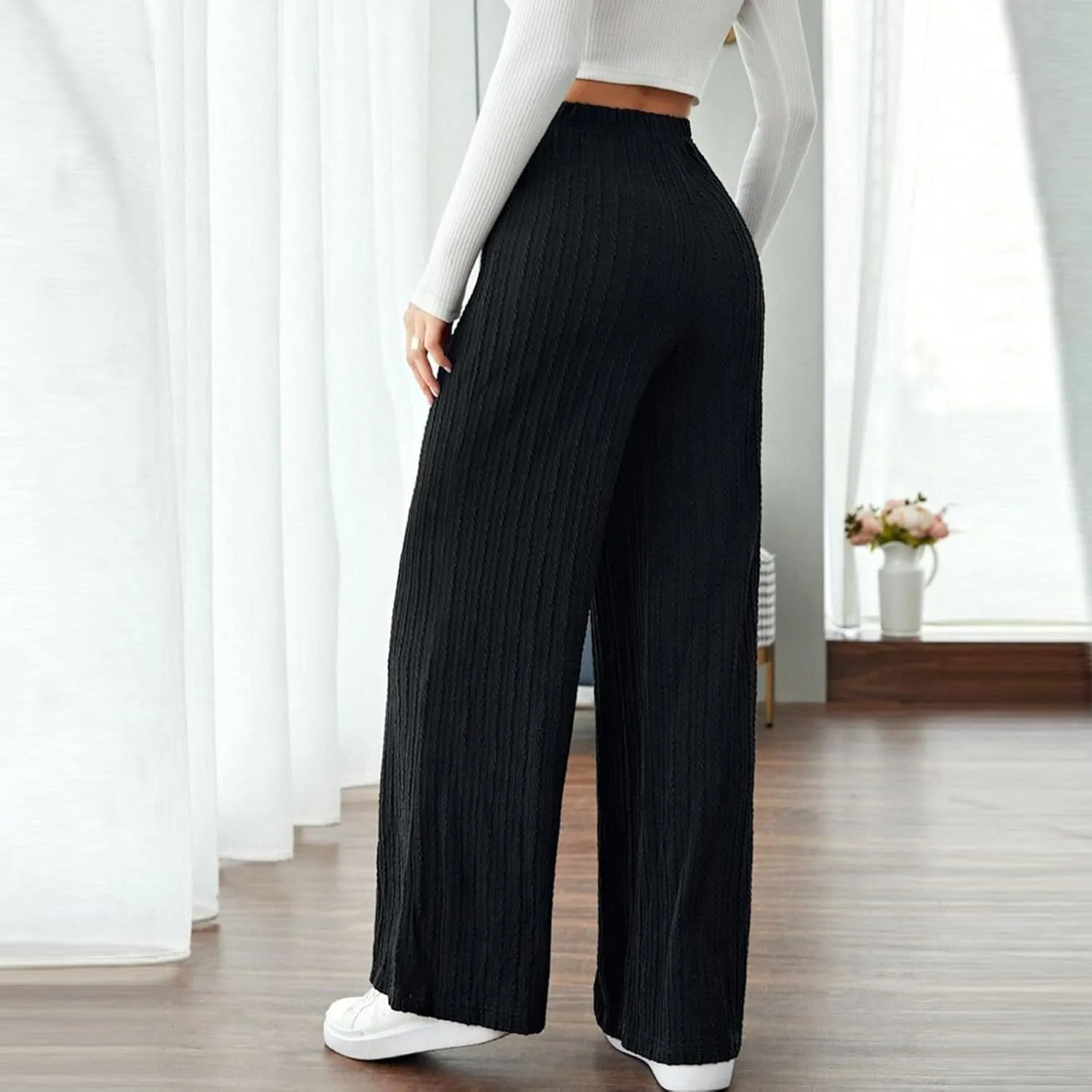 Gumipy Womens Ribbed Knit Wide Leg Pants Elastic Waist Lounge Pants Loose Fit Comfy Palazzo Pants Trendy Trouser Yoga Pants