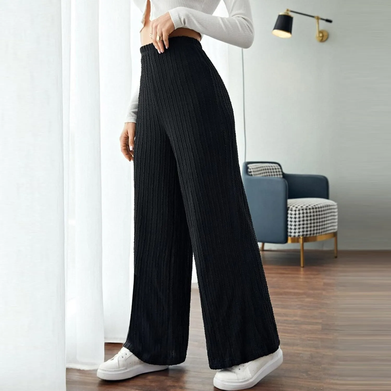 Gumipy Womens Ribbed Knit Wide Leg Pants Elastic Waist Lounge Pants Loose Fit Comfy Palazzo Pants Trendy Trouser Yoga Pants