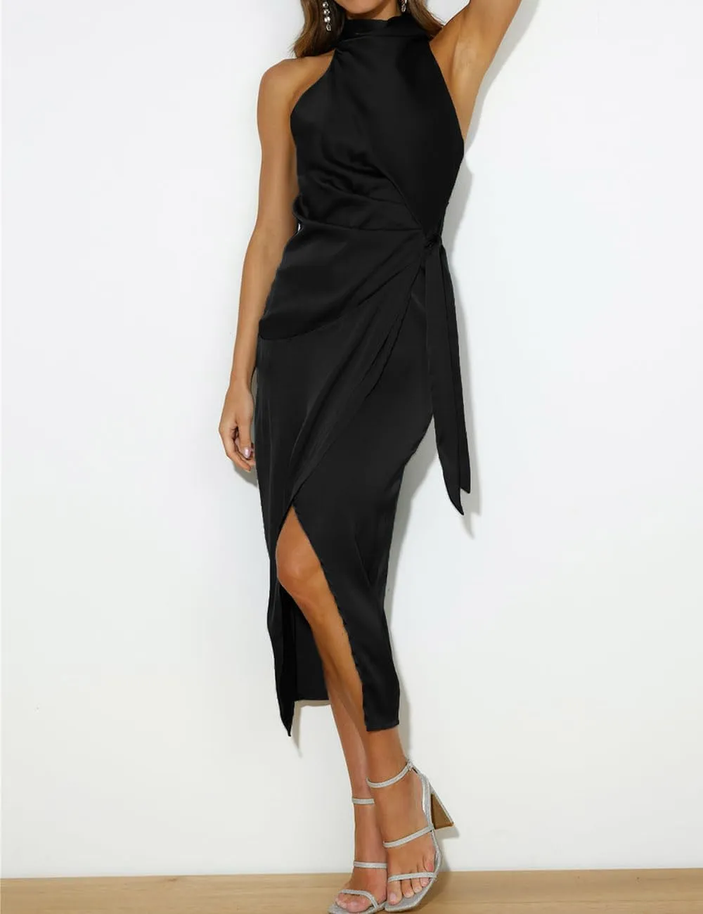 Halfisland Womens Summer Satin High Neck Sleeveless Wrap Dress Elegant Mock Neck Tie Waist Cocktail Formal Dresses