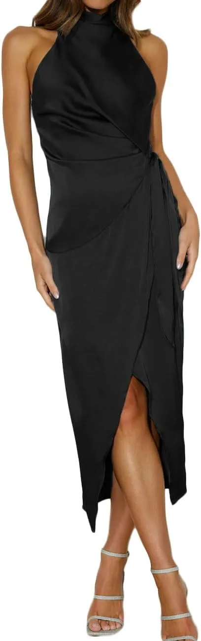 Halfisland Womens Summer Satin High Neck Sleeveless Wrap Dress Elegant Mock Neck Tie Waist Cocktail Formal Dresses