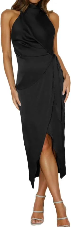 Halfisland Womens Summer Satin High Neck Sleeveless Wrap Dress Elegant Mock Neck Tie Waist Cocktail Formal Dresses