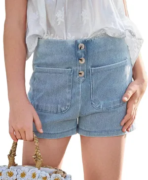 Haloumoning Girls Jean Shorts Kids Cute High Waist Shorts Button Summer Demin Shorts with Pockets 5-14 Years
