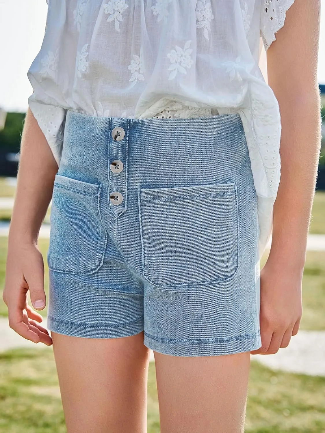 Haloumoning Girls Jean Shorts Kids Cute High Waist Shorts Button Summer Demin Shorts with Pockets 5-14 Years
